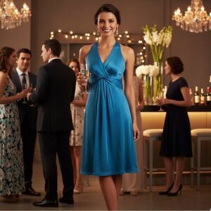 Ann Taylor Blue Silk Halter Neck Twist Waist Knee Length Cocktail Party Dress